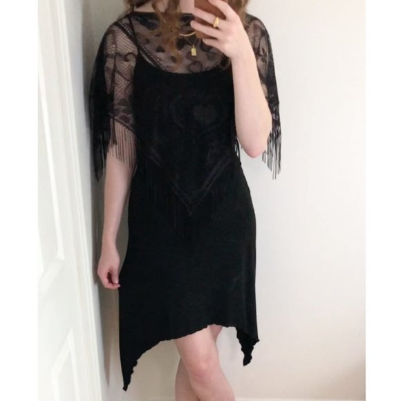Stunning Vintage Lace Fringe Dark Midi Dress S/M - Picture 6 of 7